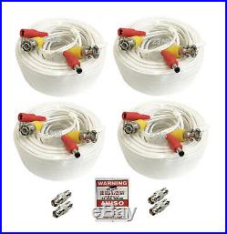 4 x 60 Ft Video Power BNC Cable For HD 720P CCTV Security Cameras White