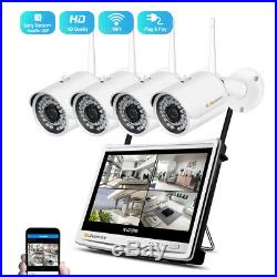 4CH 1080P Wireless Security IP Camera System 12'' Monitor NVR Outdoor WIFI CCTV