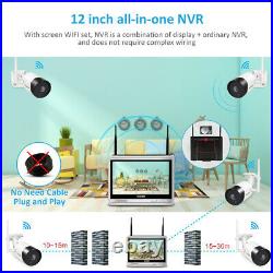 5MP HD Wireless Security Camera System Outdoor WiFi 12'' Monitor CCTV NVR Home
