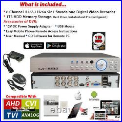 8 Ch H. 264 H. 265 HD TVI AHD CVI Security Camera Digital Video DVR Recorder 1TB