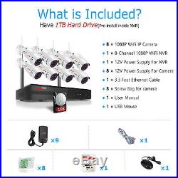 8CH Wireless Security Camera System 1080P Outdoor with 1TB Hard Drive CCTV NVR