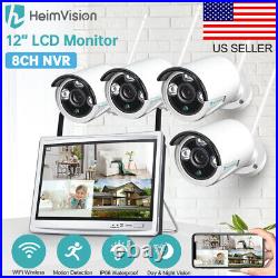 US 5MP Wireless CCTV Security Camera System 8CH NVR/DVR 12'' LCD Monitor Outdoor