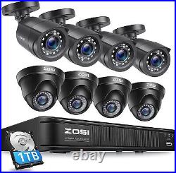 ZOSI 8CH H. 265+ 5MP Lite DVR + 8 x 1080P Camera Outdoor CCTV Security System 1TB