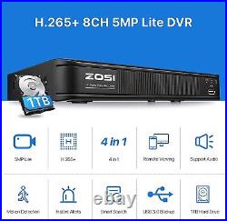 ZOSI 8CH H. 265+ 5MP Lite DVR + 8 x 1080P Camera Outdoor CCTV Security System 1TB