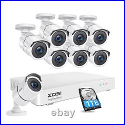 ZOSI H. 265+ 1080P Security Camera System 8CH 5MP Lite DVR 1TB 2MP Cameras Audio