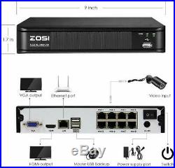 ZOSI HD 1080P 8CH POE NVR 2MP Outdoor IP Network Security CCTV Camera System